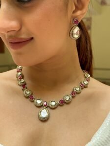 Ethereal Elegance Mossanite Polki Ruby Necklace Set
