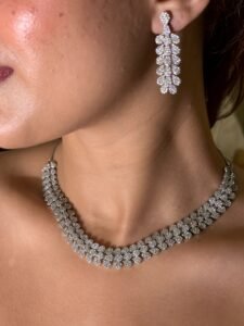 Shivanshri Rhodium Statement Necklace Set: Zirconia Studded