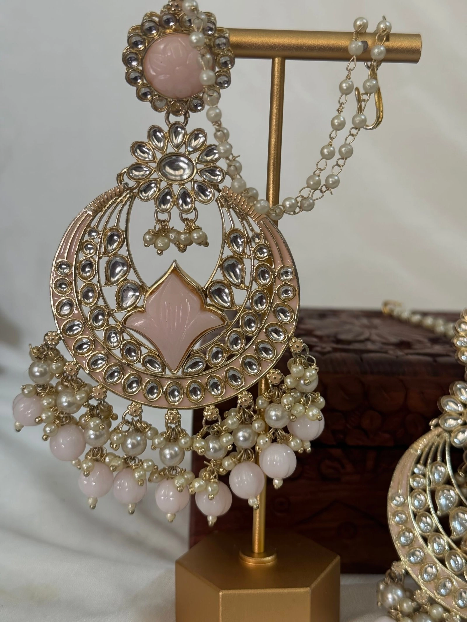 Pink Kundan Chandbali Earrings with Pearl Detailing