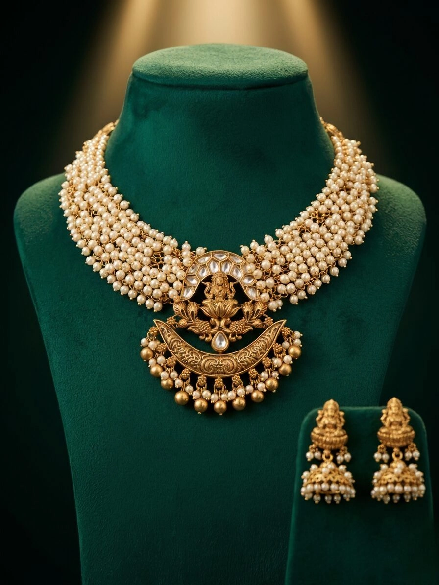 Traditional Temple Necklace Set with Pearls