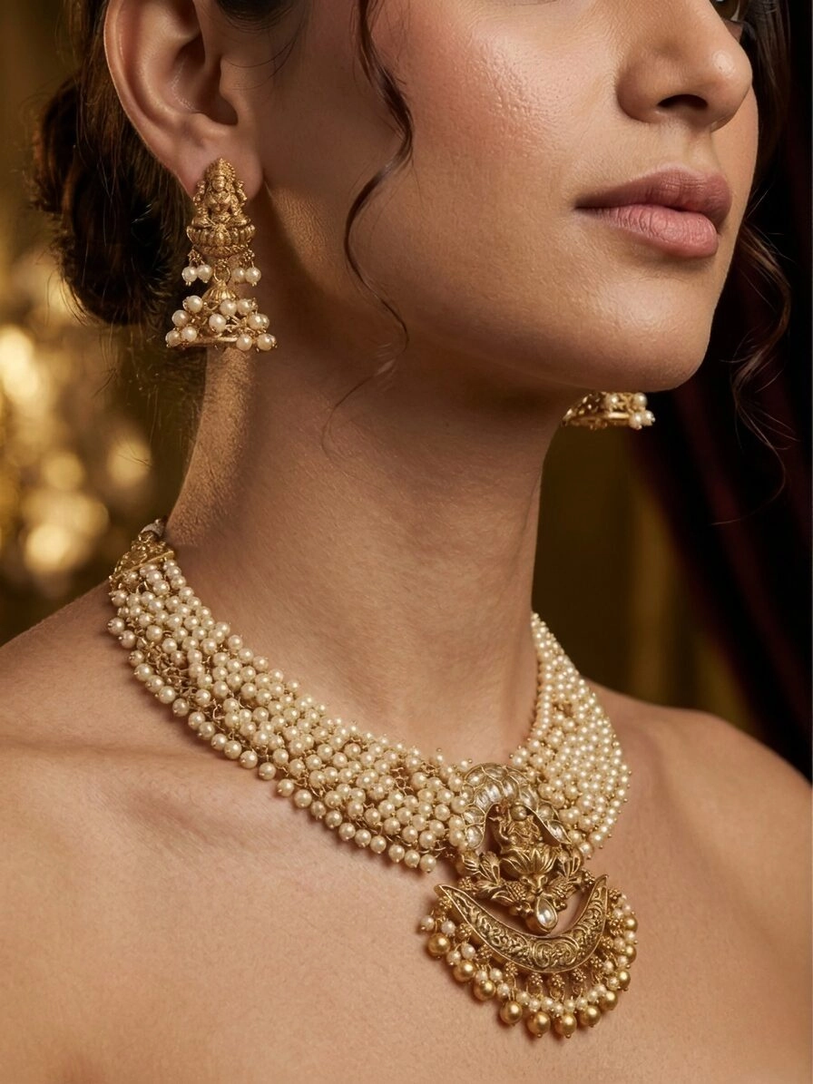 Traditional Temple Necklace Set with Pearls