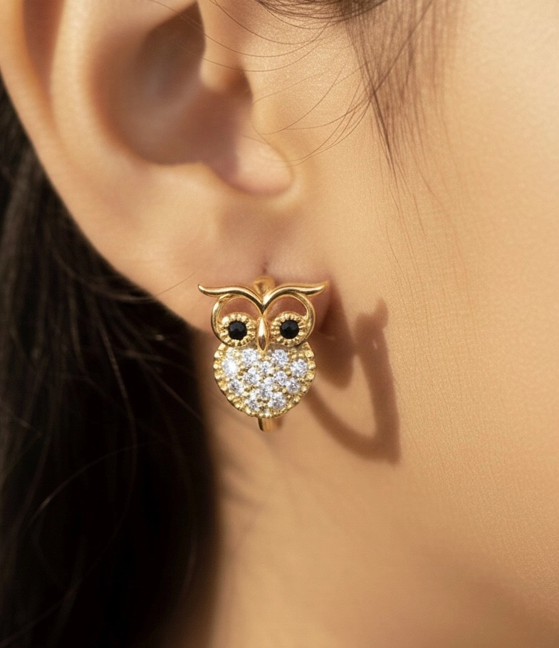 Twilight Wisdom Owl Earrings with 18K Gold
