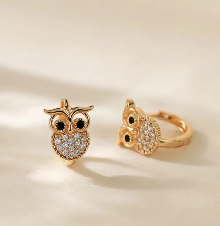 Twilight Wisdom Owl Earrings with 18K Gold