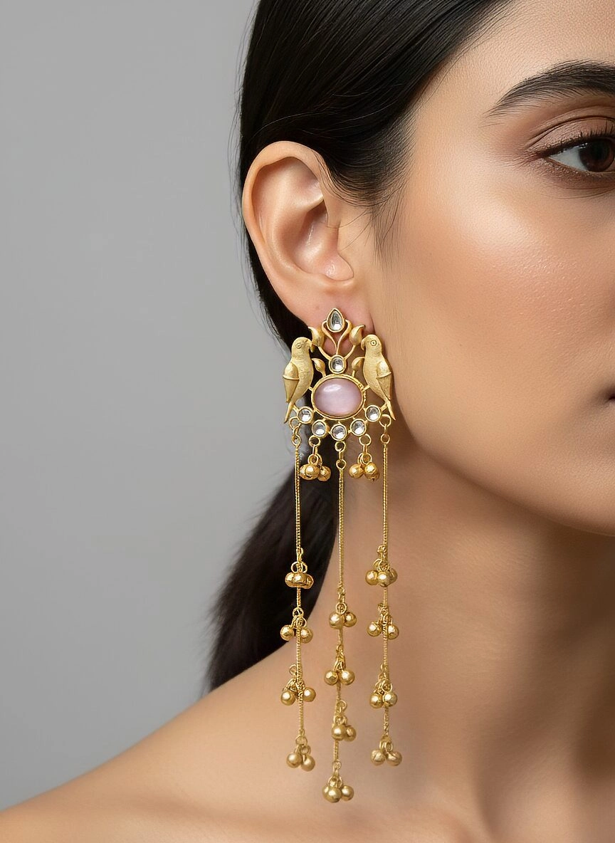 Gold Bird Motif Earrings with Pink Gemstone & Cascading Chains