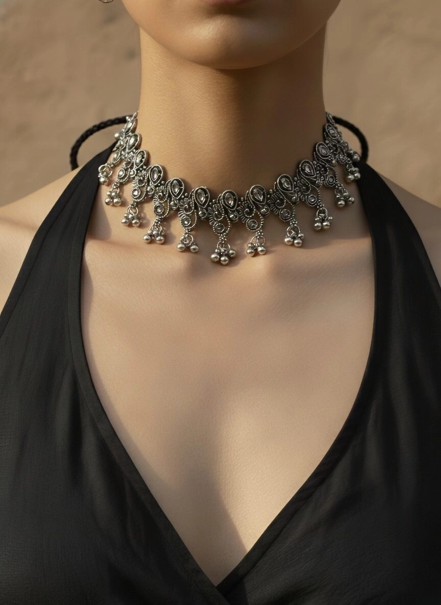 Intricate Silver-Toned Choker Necklace with Beaded Detailing