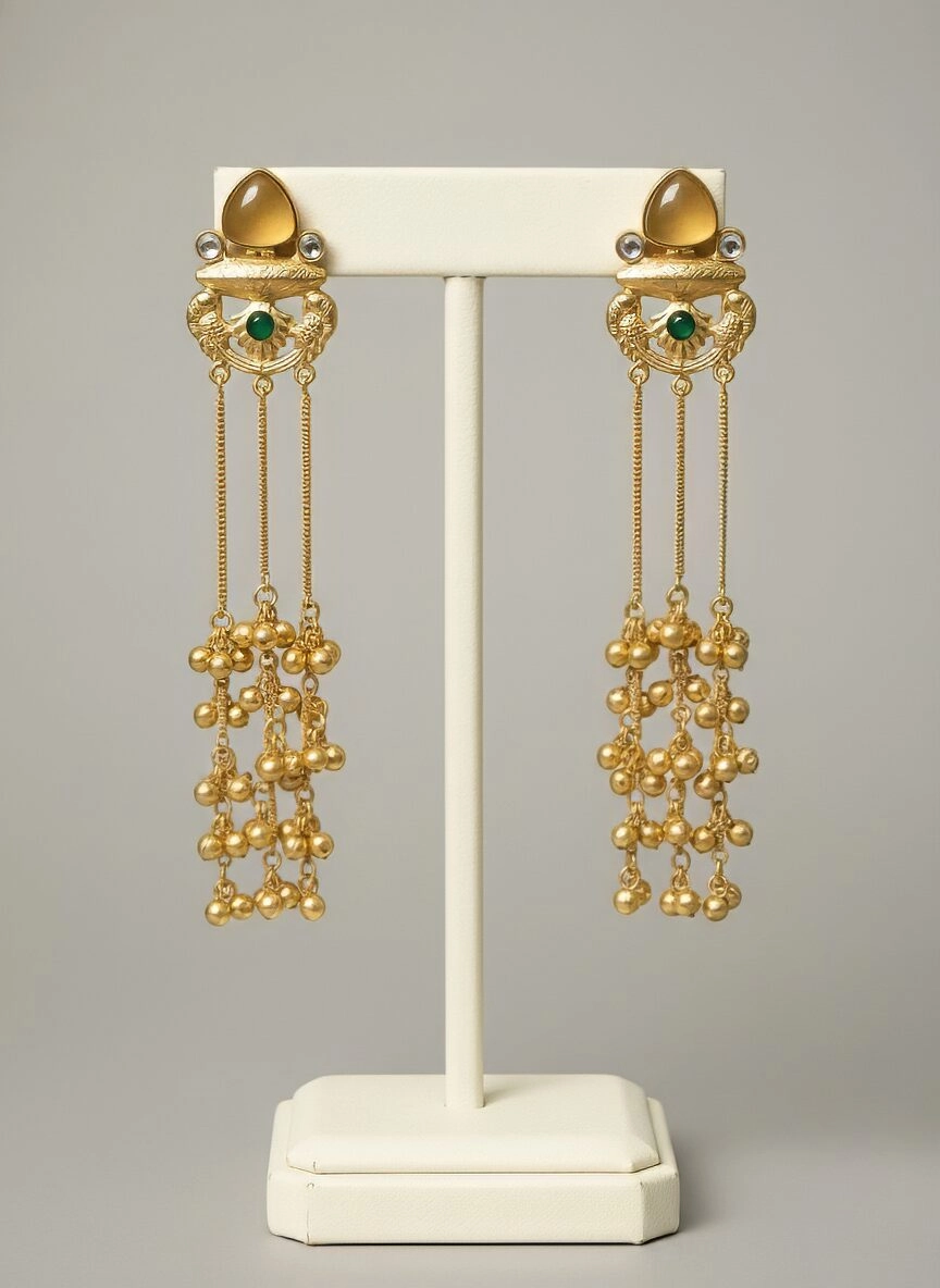 Gold Cascading Earrings with Amber Gemstone & Green Centerpiece