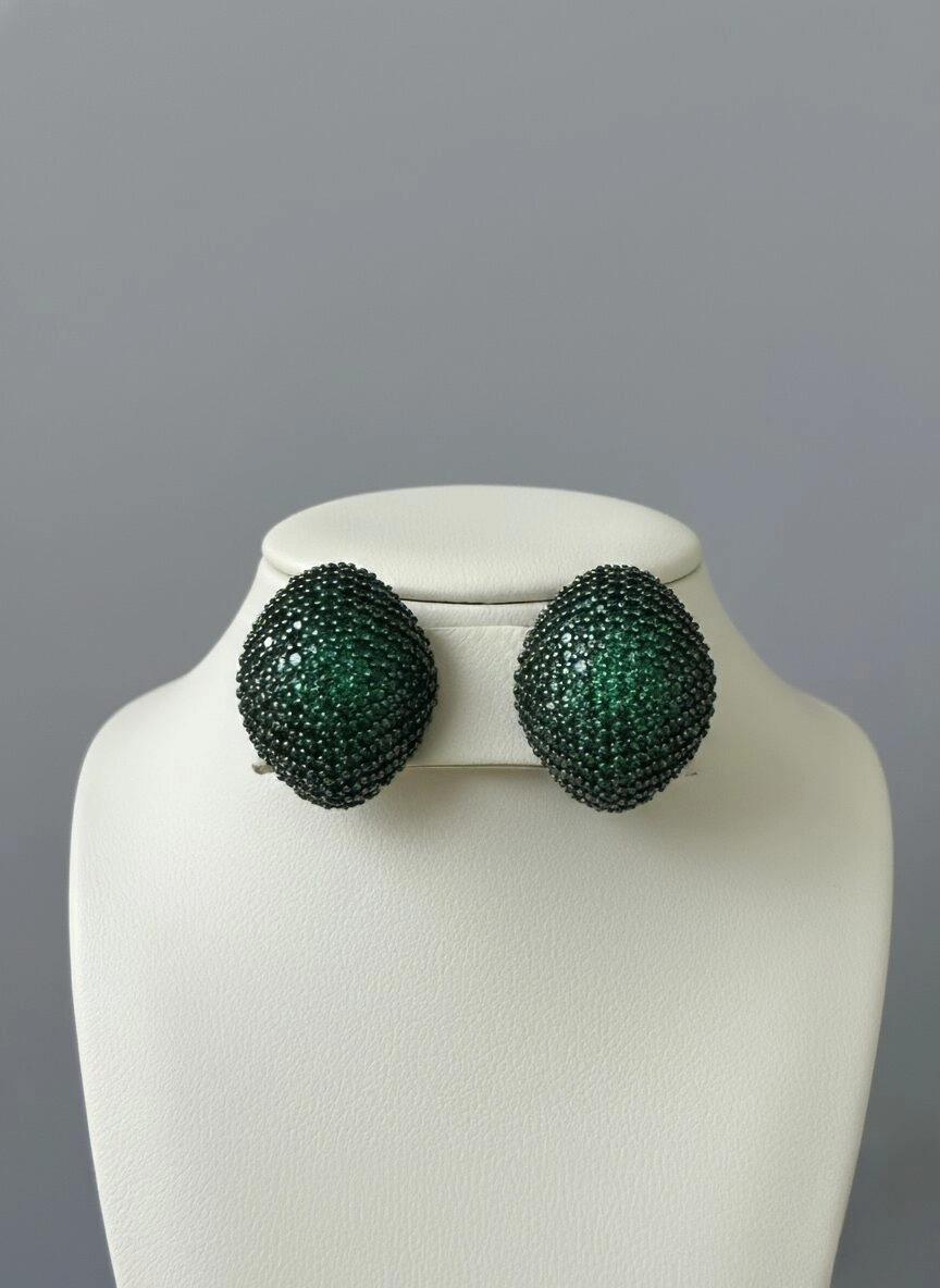 Dark Green Dome Earrings with Sparkling Stone Detailing