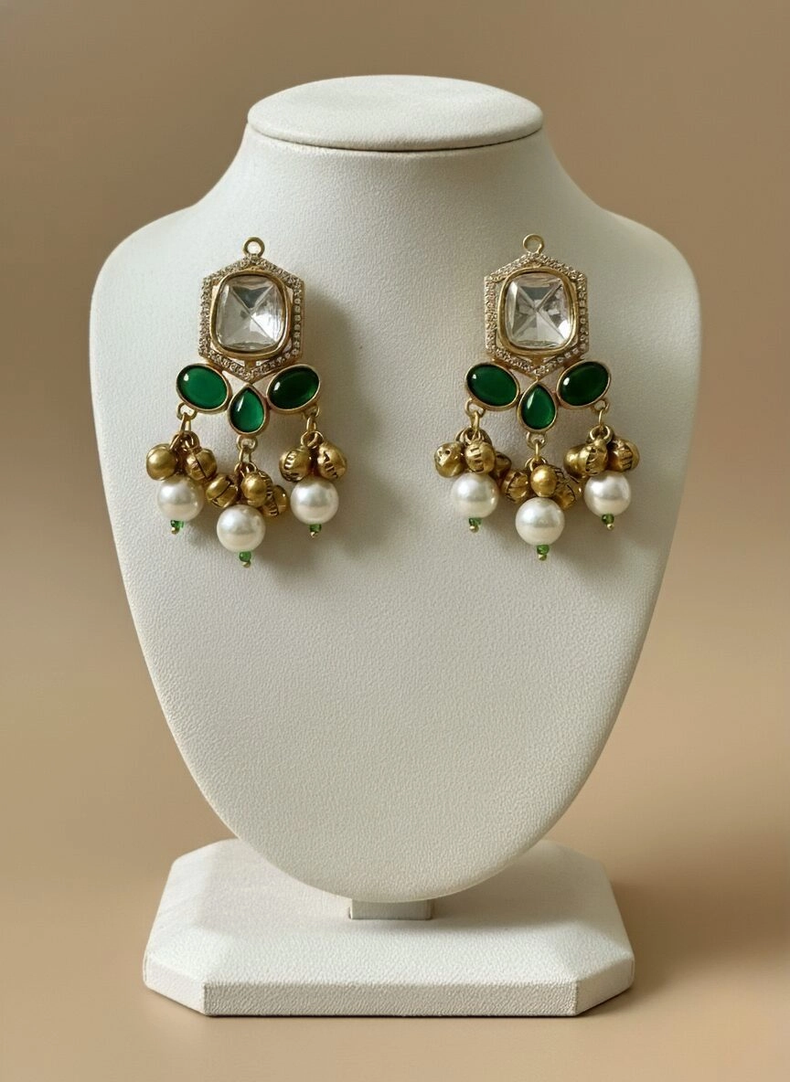 Gold Hexagonal Earrings with Clear Gemstone, Green Drops & Pearl Fringe