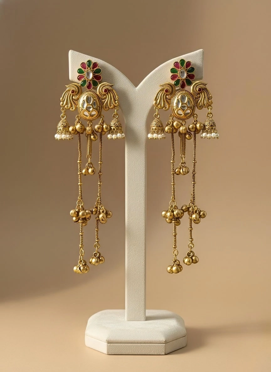 Gold Peacock Jhumka Earrings with Red & Green Gemstones