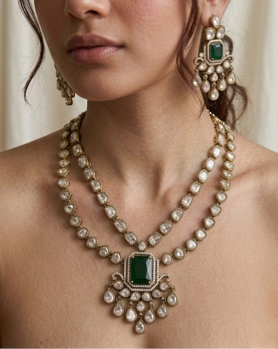 Moissanite Polki Studded Double Layer Emerald Necklace Set