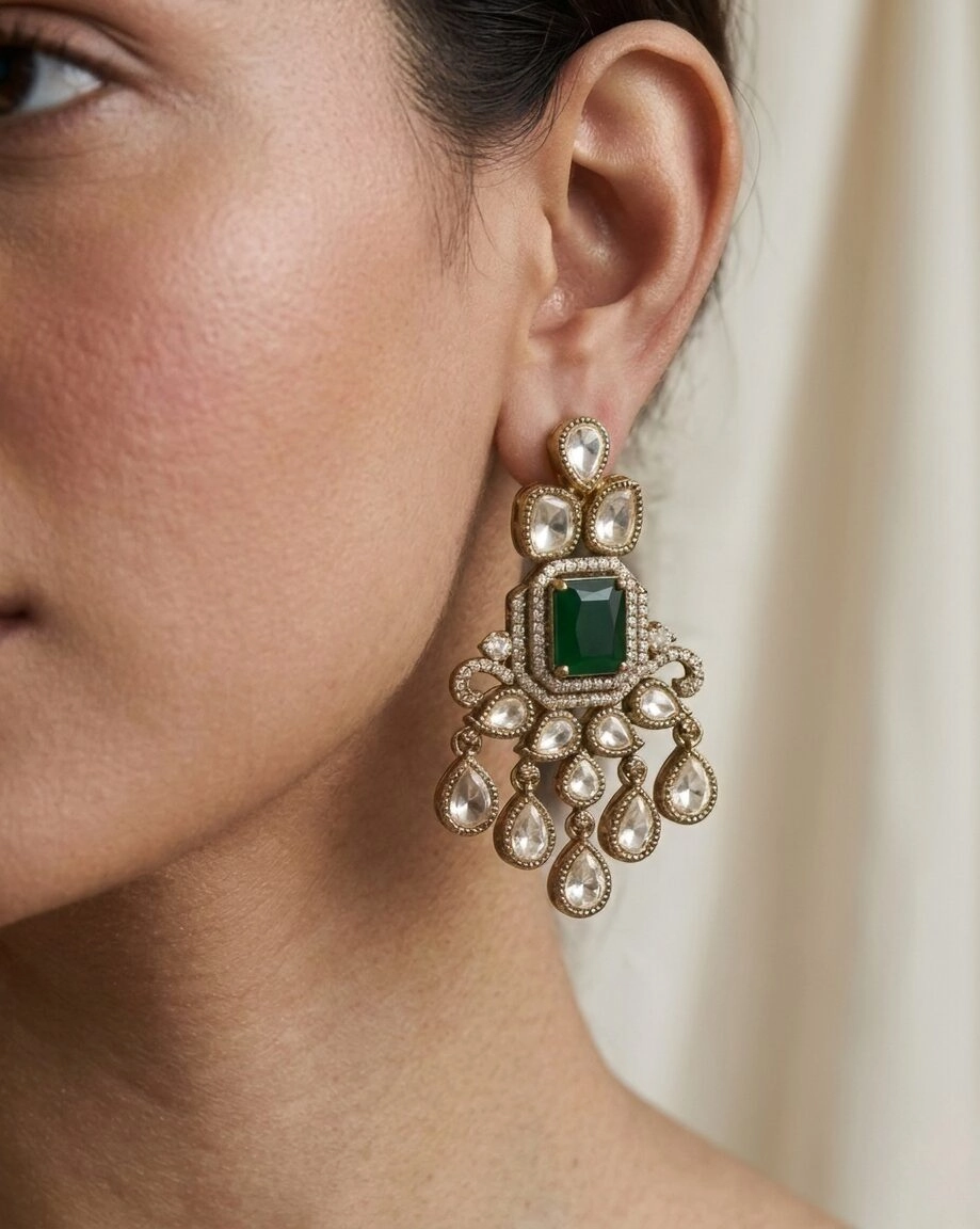 Moissanite Polki Studded Double Layer Emerald Necklace Set