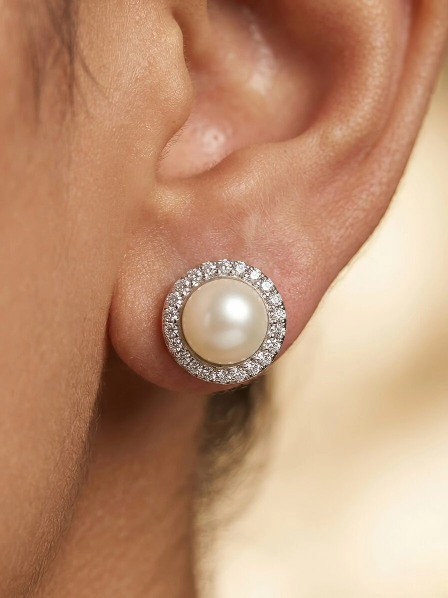 Pearl Choker and Earring Set with Halo Stone Detailing