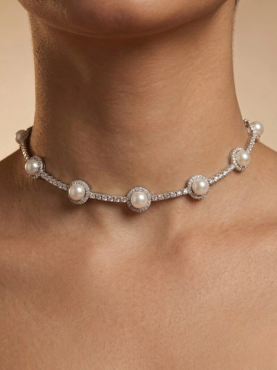 Pearl Choker and Earring Set with Halo Stone Detailing